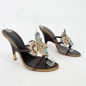Giuseppe Zanotti Vintage Crystal Fish Brown Leather Mule Sandal Heels IT 39